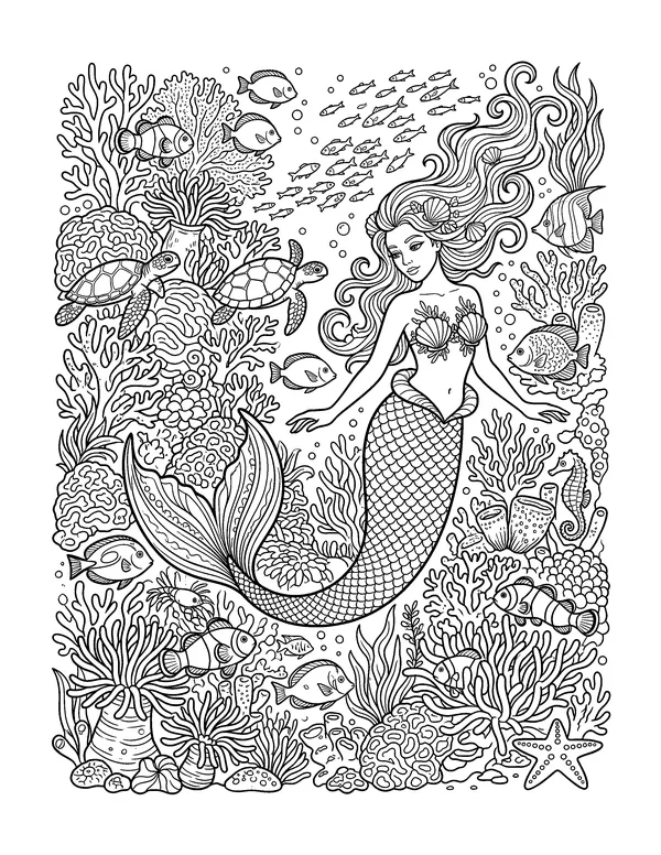 Mermaid in a Coral Reef coloring page