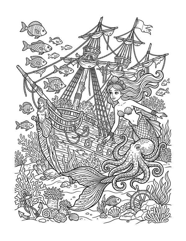 Mermaid and the Sunken Pirate Ship coloring page