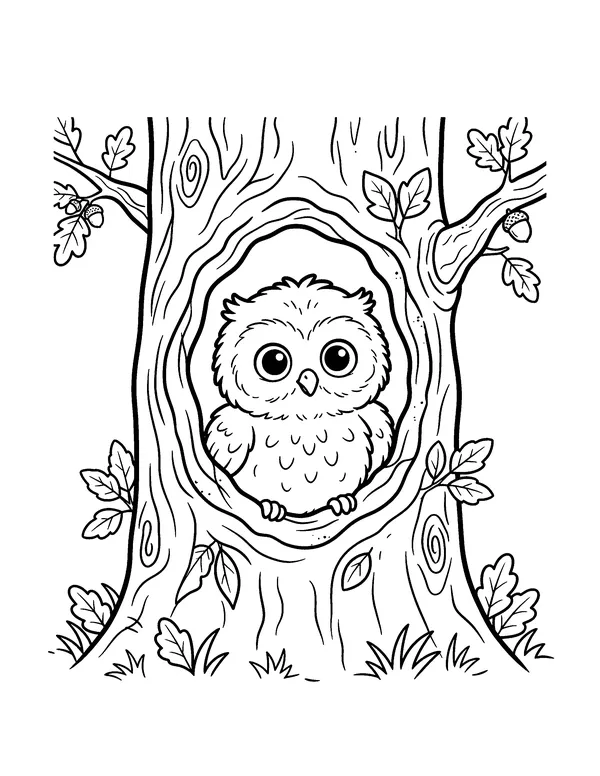 Baby Owl in a Tree Hollow coloring page
