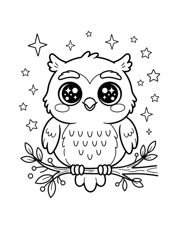Kawaii Owl with Starry Eyes coloring page