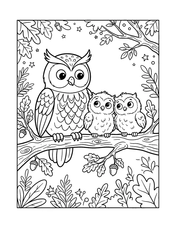 Owl Family on a Branch coloring page