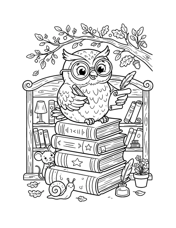 Wise Owl with Books coloring page