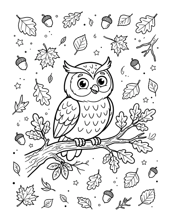 Owl in Falling Autumn Leaves coloring page