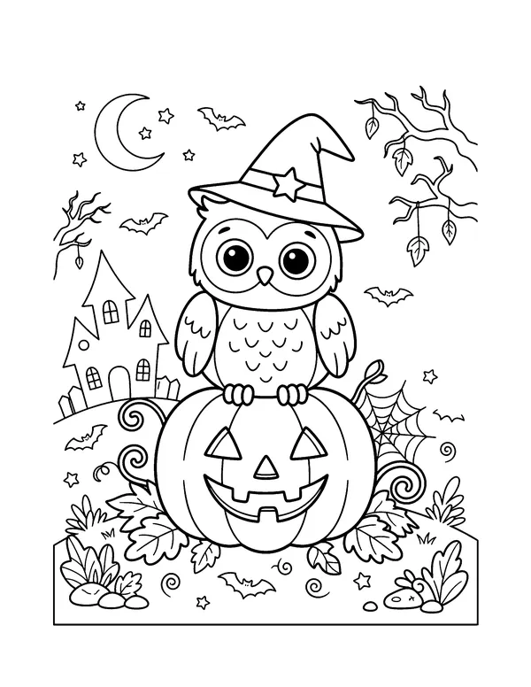 Halloween Owl on a Jack-o'-Lantern coloring page