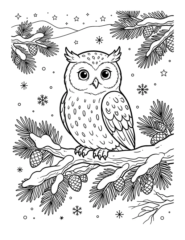 Snowy Owl on a Pine Branch coloring page