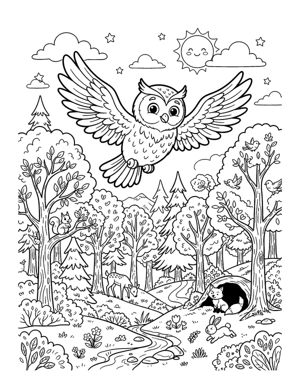 Owl Flying Over the Forest coloring page