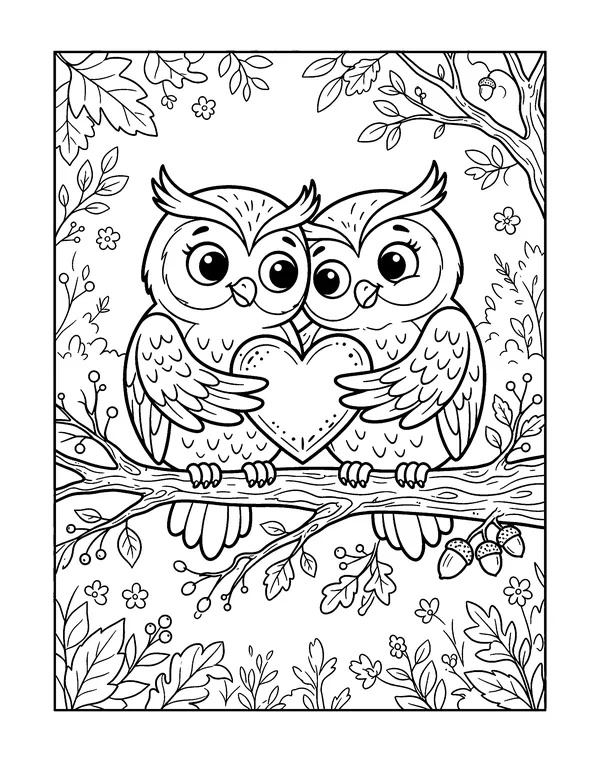 Owl Friends with a Heart coloring page