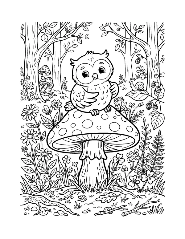 Little Owl on a Mushroom coloring page