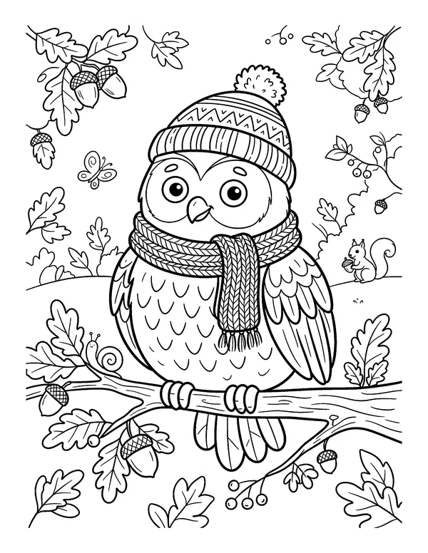 Cozy Owl in a Hat and Scarf coloring page