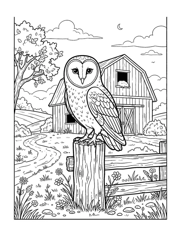 Barn Owl on a Fence Post coloring page