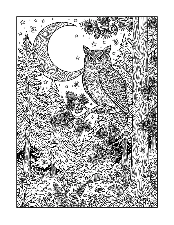 Owl in a Moonlit Pine Forest coloring page