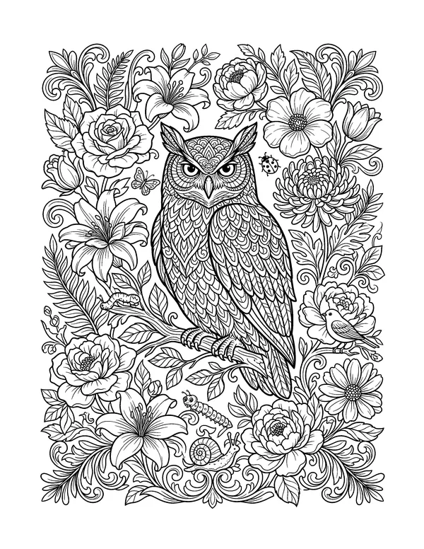 Owl in a Flower Garden coloring page