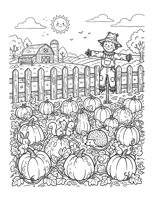 Pumpkin Patch with a Scarecrow coloring page
