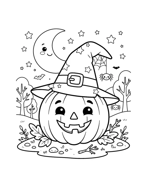 Jack-o'-Lantern in a Witch Hat coloring page