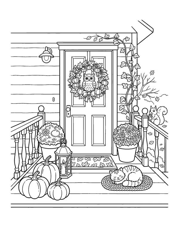 Fall Front Porch with Pumpkins coloring page