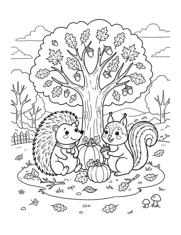 Hedgehog and Squirrel with Pumpkins coloring page