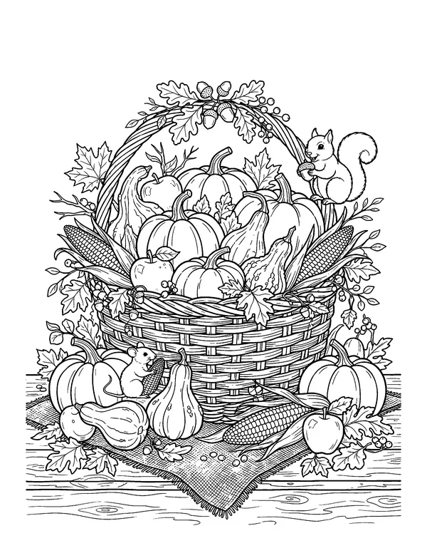 Harvest Basket of Pumpkins and Gourds coloring page