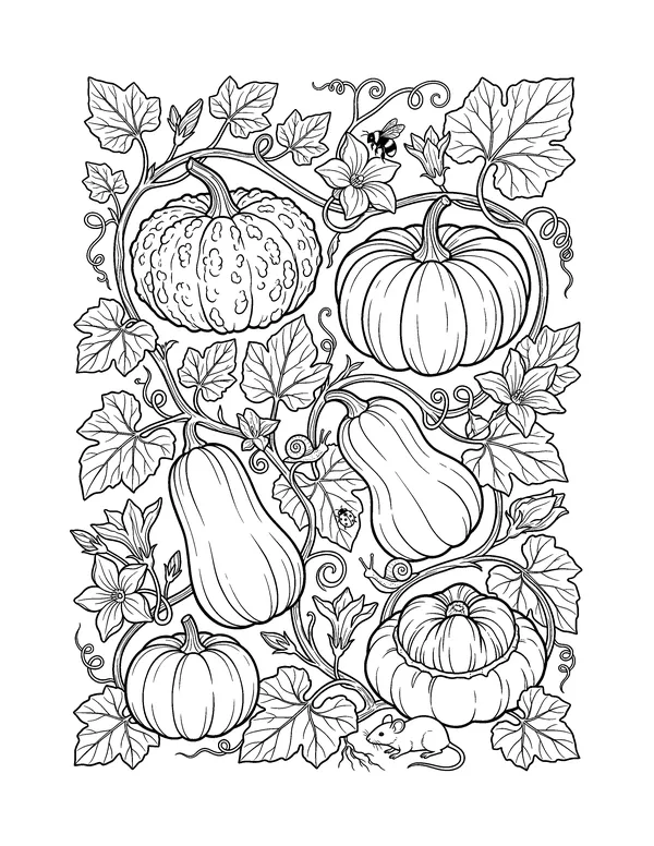 Botanical Heirloom Pumpkins coloring page