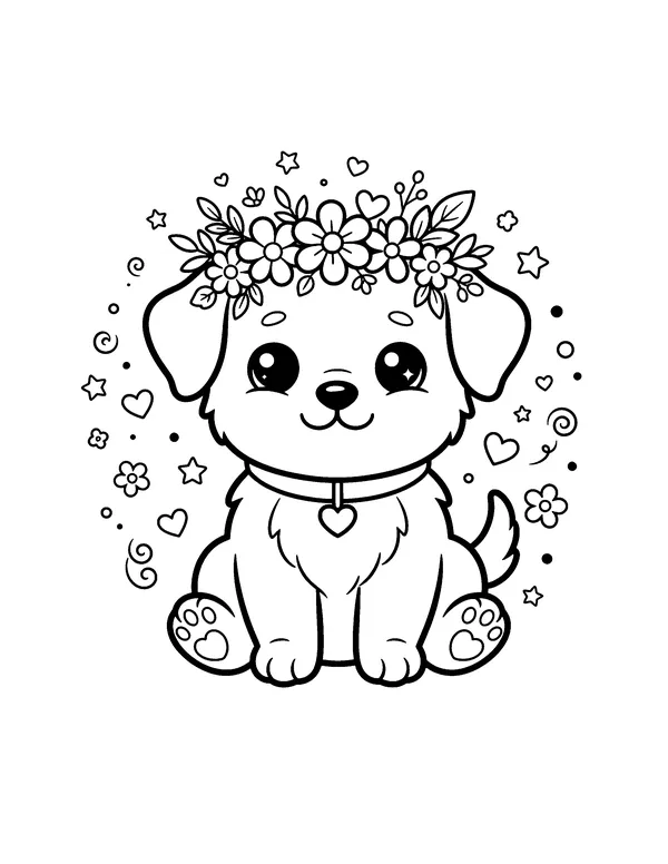 Kawaii Puppy with Flower Crown coloring page