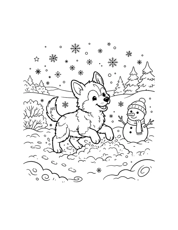 Husky Puppy Playing in the Snow coloring page