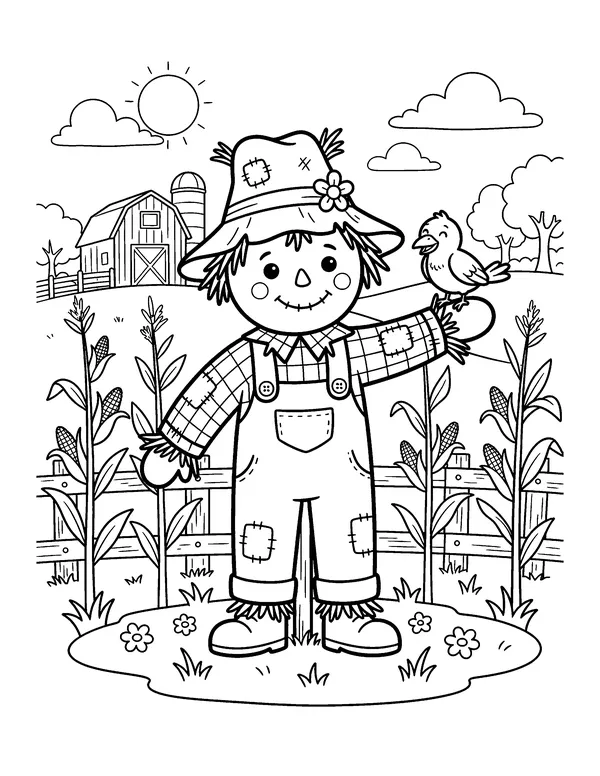 Scarecrow with a Friendly Crow coloring page