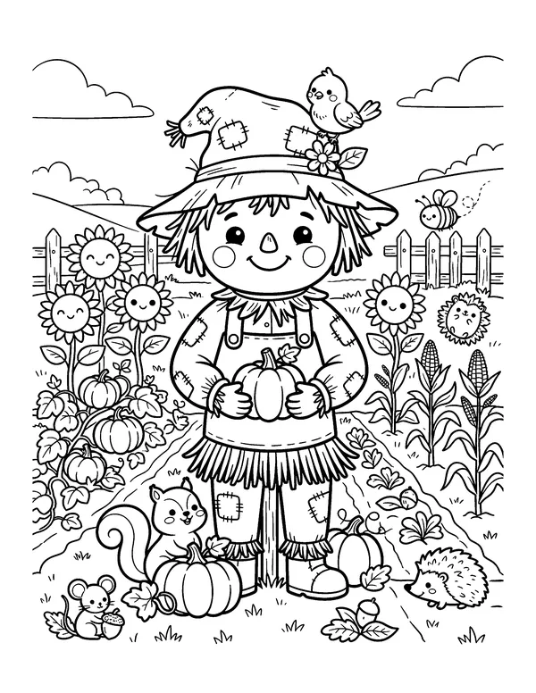 Kawaii Scarecrow with a Pumpkin coloring page