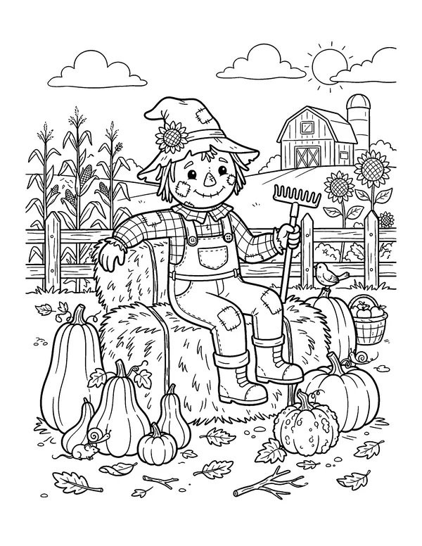 Scarecrow on a Hay Bale coloring page