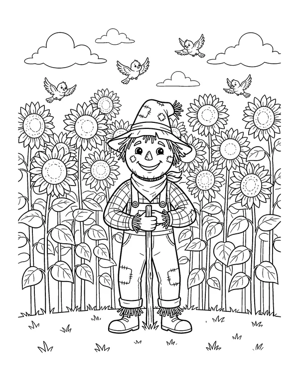 Scarecrow in a Sunflower Field coloring page