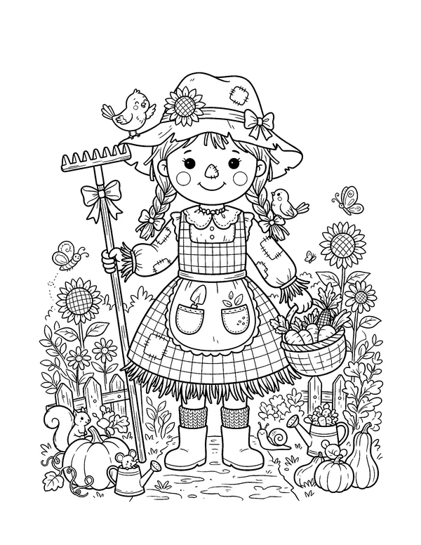 Girl Scarecrow in a Gingham Dress coloring page