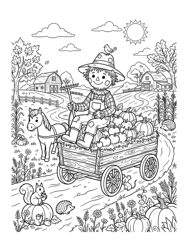 Scarecrow Riding a Harvest Wagon coloring page