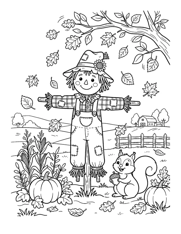 Scarecrow and Squirrel in the Fall coloring page