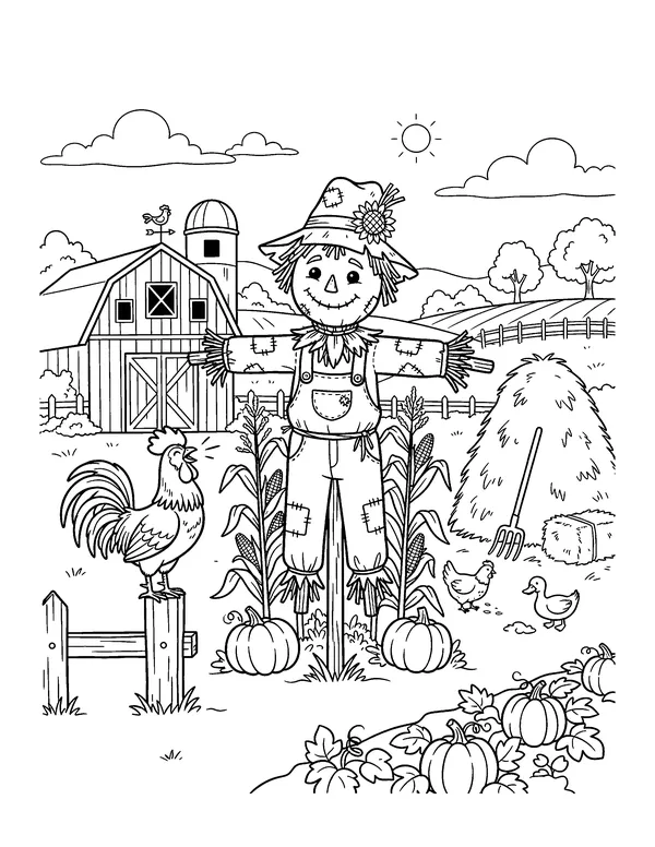 Scarecrow by the Red Barn coloring page