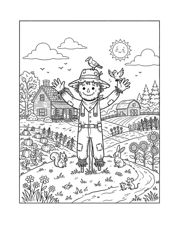 Waving Scarecrow on the Farm coloring page