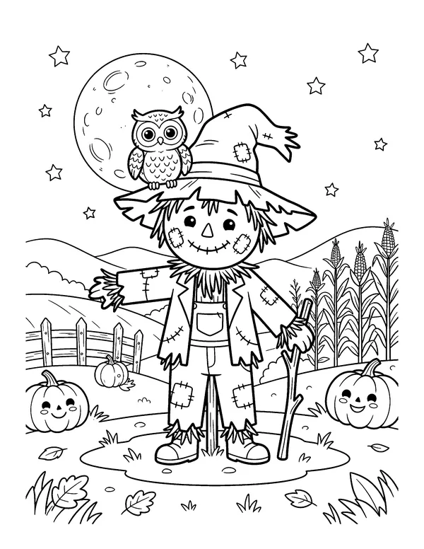 Scarecrow and Owl Under the Moon coloring page