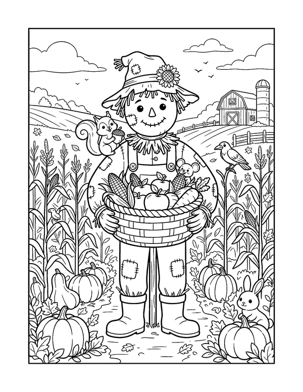 Scarecrow with a Harvest Basket coloring page