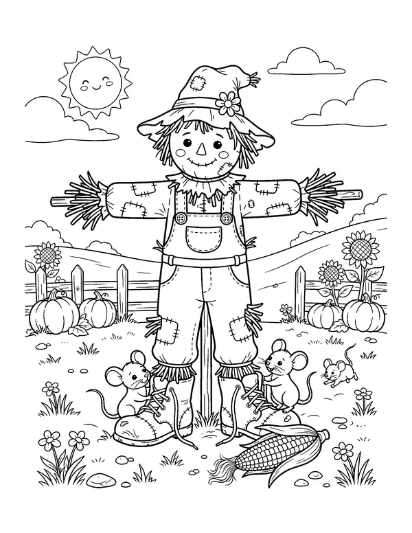 Scarecrow with Field Mice coloring page
