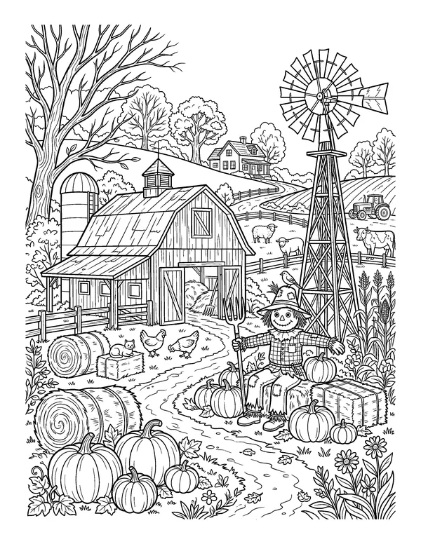 Autumn Farm with a Scarecrow coloring page