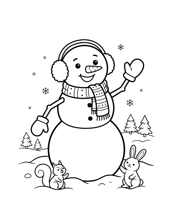 Waving Snowman in Earmuffs coloring page