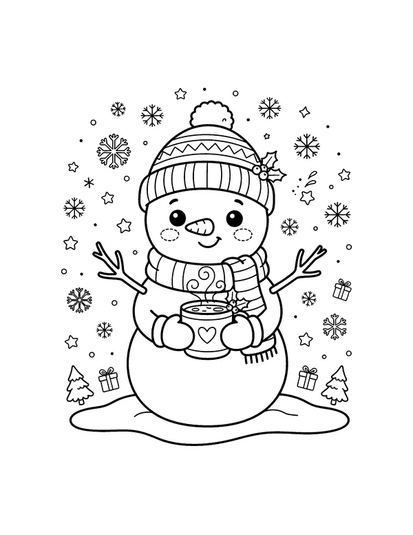 Kawaii Snowman with Hot Cocoa coloring page
