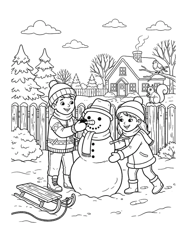 Kids Building a Snowman coloring page