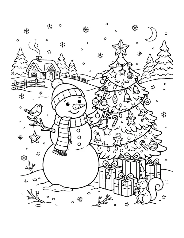 Snowman and Christmas Tree coloring page