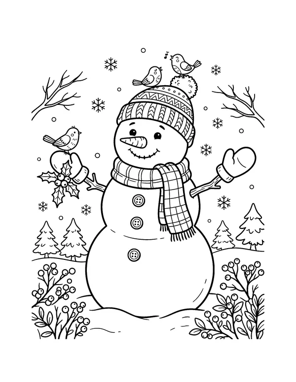 Snowman with Little Birds coloring page