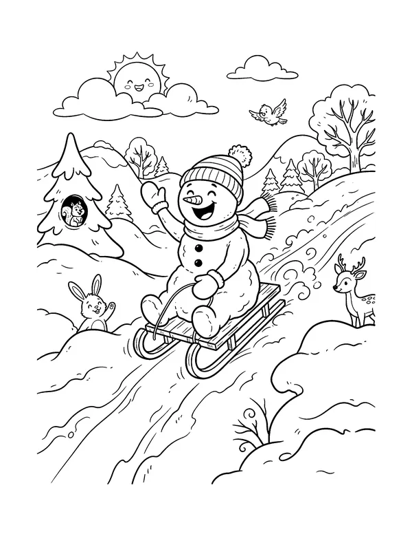 Snowman Sledding Down a Hill coloring page
