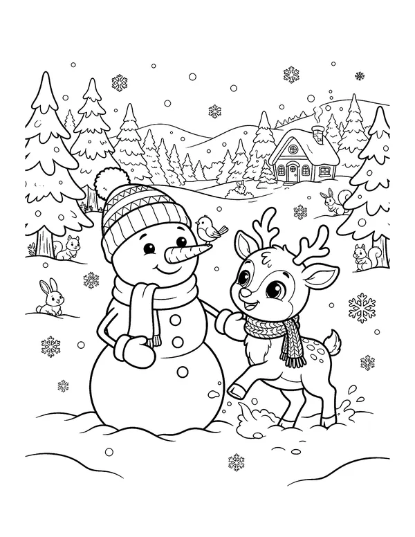 Snowman and Baby Reindeer coloring page