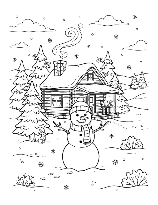 Snowman by a Log Cabin coloring page