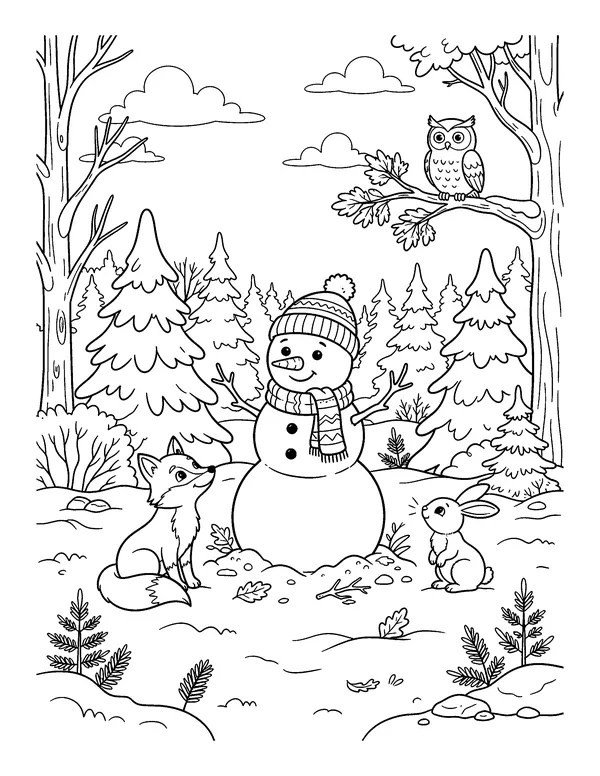 Snowman in a Winter Forest coloring page