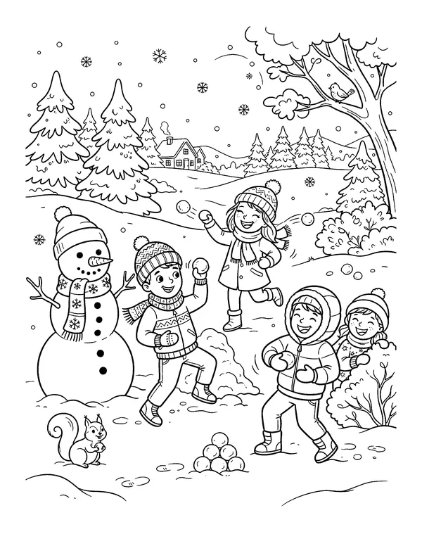 Snowball Fight Next to a Snowman coloring page
