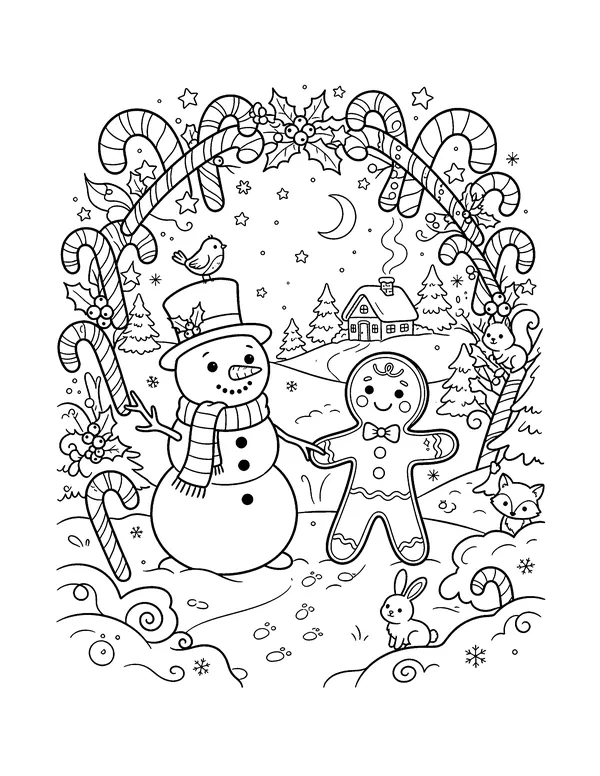 Snowman and Gingerbread Man coloring page