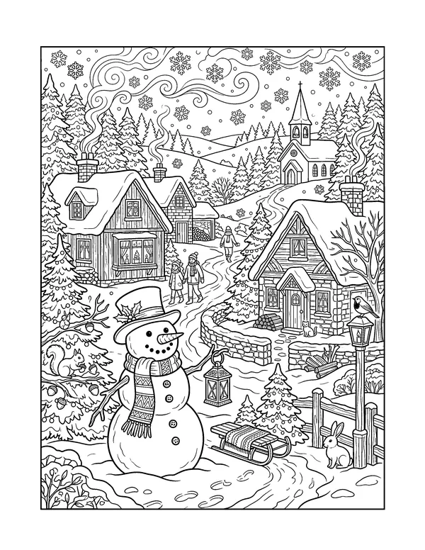 Snowman and Winter Village Scene coloring page