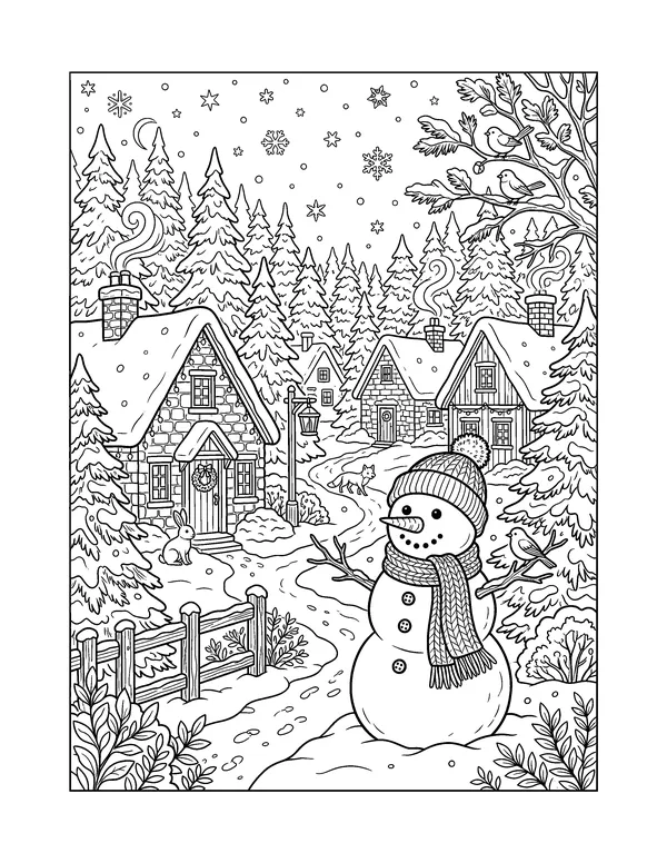 Snowman in a Snowy Village coloring page